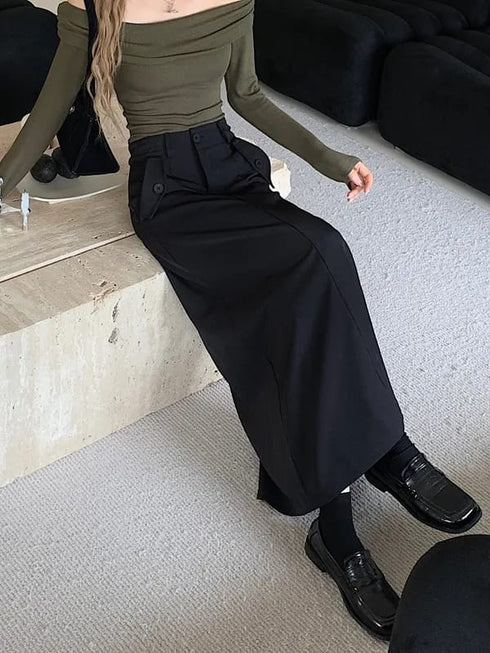 Casual Full Length Side Pocket Loose Skirts With Belt